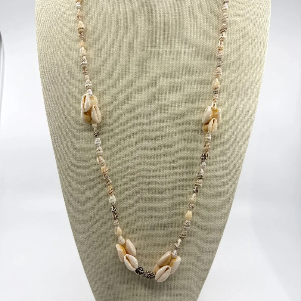 Cream Brown Cowrie Seashell Long Necklace Coastal Boho Beach Statement Gift